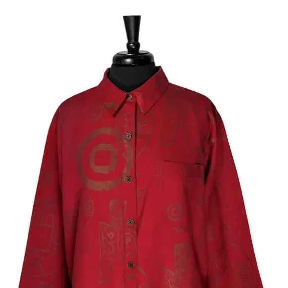 Chico’s Women’s 3 XL 16 Red Bronze Asian Symbol Faux Suede Button Up Artwear Top - Picture 5 of 9